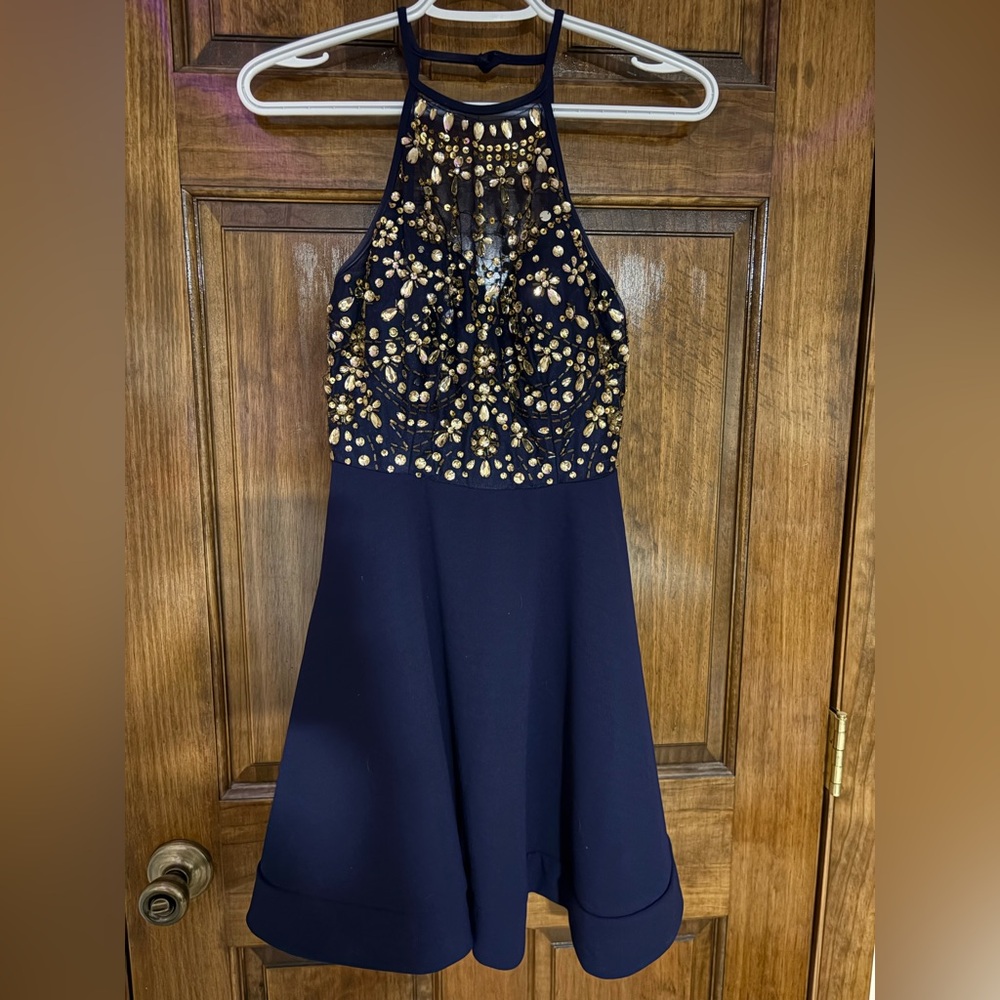 NAVY DRESS WITH GOLD EMBELLISHMENTS